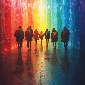 Enola Bar Club | Thessaloniki's LGBTQ+ Nightlife Destination 17 Rainbow Pathway: A group of friends walking together on a pathway that subtly transitions into a rainbow gradient, symbolizing solidarity and the journey of shared experiences.