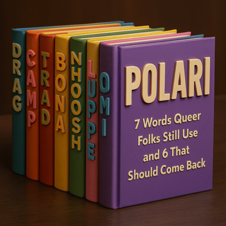 3D illustration of colorful books with Polari slang on their spines, featuring a purple book titled "Polari: 7 Words Queer Folks Still Use and 6 That Should Come Back" on a wooden surface.