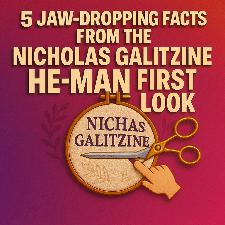 Colorful promotional image with bold text reading “5 Jaw-Dropping Facts from the Nicholas Galitzine He-Man First Look,” featuring a stitched medallion design, a sword, scissors, and a pointing hand icon on a red-to-purple gradient background.