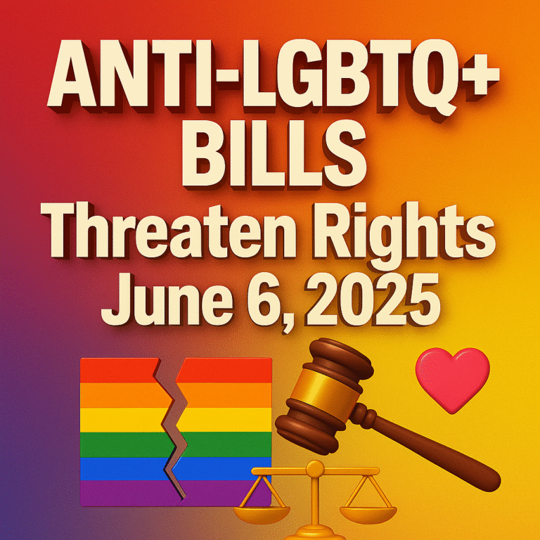 3D-rendered graphic with large extruded white text reading “ANTI-LGBTQ+ BILLS” above “Threaten Rights June 6, 2025.” Below, a shattered rainbow flag sits beside a wooden gavel poised over golden scales, with a pink heart icon floating nearby. All elements rest on a vivid gradient background transitioning from deep purple at the bottom to bright orange at the top.