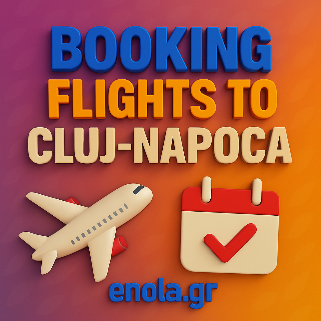 Cluj Pride 2025 Travel Guide – Flights, Visas & Local Transit 1 Square social-media graphic with a purple-to-orange gradient and subtle leaf textures. Bold 3D blue text reads “BOOKING,” orange “FLIGHTS TO,” and beige “CLUJ-NAPOCA.” Below are 3D icons of an airplane and a check-mark calendar, with “enola.gr” in blue at the bottom.
