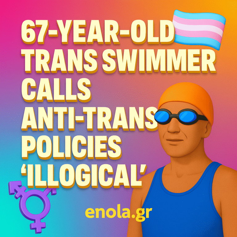 A vibrant square social media graphic with a gradient background of pink, orange, teal, and purple. Bold yellow 3D text reads: "67-Year-Old Toppless Trans Swimmer Calls Anti-Trans Policies 'Illogical'." A 3D illustration of a mature transgender swimmer in a blue swimsuit and orange swim cap appears on the right. Transgender pride and gender symbols decorate the image, with "enola.gr" written at the bottom in yellow.