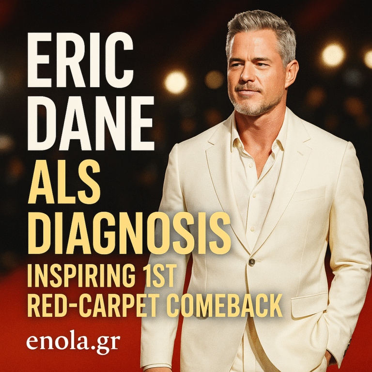 Eric Dane ALS diagnosis – the actor, dressed in a cream-white suit, stands smiling on a softly lit red carpet. Large overlay text reads “Eric Dane ALS Diagnosis – Inspiring 1st Red-Carpet Comeback,” with the enola.gr logo below.