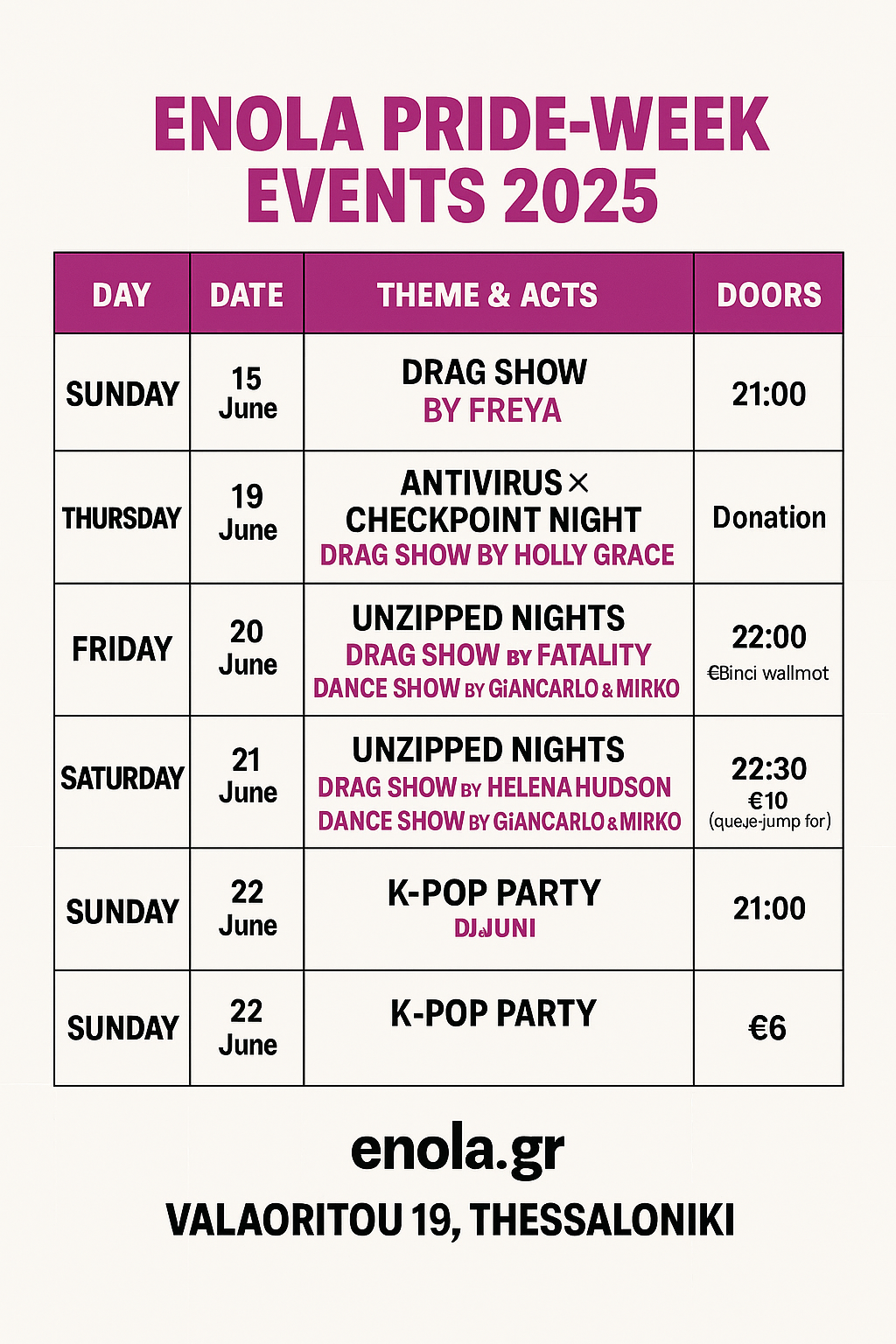 Enola Club Events – Pride Week Thessaloniki 2025 1 Enola Club Pride-Week Events 2025 – Your Night-by-Night Guide