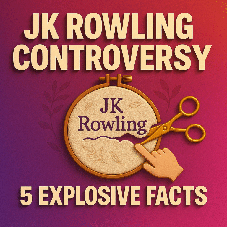 A 3D digital illustration featuring a gradient background transitioning from deep purple on the left to bright magenta on the right, with subtle leaf silhouettes. At the top, large, extruded cream-colored text reads “JK ROWLING CONTROVERSY.” In the center, a wooden embroidery hoop holds beige fabric embroidered with “JK Rowling” in dark purple thread; the name is partially torn, and a golden pair of scissors alongside a pointing hand icon emphasize the act of removal. At the bottom, bold cream-colored text reads “5 EXPLOSIVE FACTS.”