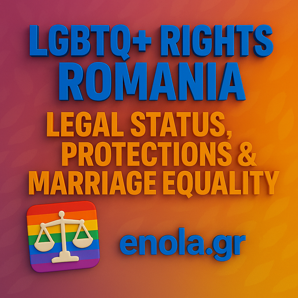 Square gradient graphic from magenta to orange with bold 3D text “LGBTQ+ RIGHTS ROMANIA” and subtitle “Legal Status, Protections & Marriage Equality.” A rainbow icon featuring balanced scales is displayed alongside “enola.gr.”