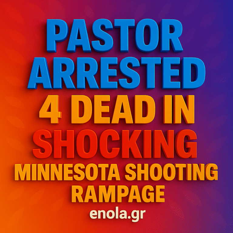 Pastor Arrested: 4 Dead in Shocking Minnesota Shooting Rampage – bold 3D text on a colorful gradient background with heart icons and the website enola.gr