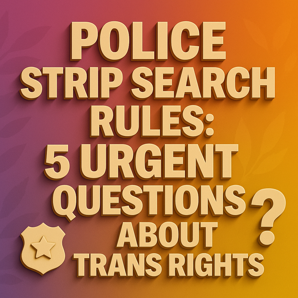 Bold 3D graphic with the title “Police Strip Search Rules: 5 Urgent Questions About Trans Rights.”