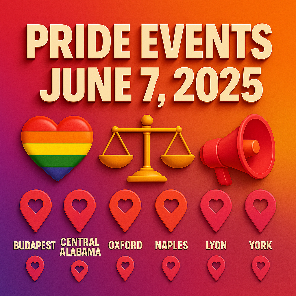 Pride events June 7 2025: Budapest, Oxford, Naples & More 7 A square-format 3D illustration with a magenta-to-pink gradient background and subtle leaf silhouettes. At the top, bold, extruded beige text reads “PRIDE EVENTS” and “JUNE 7, 2025.” Below, six stylized 3D landmarks, each in varying shades of pink, represent different cities: a Parliament-style building for Budapest; a bell icon for Central Alabama; a Colosseum-like structure for Naples; a domed building for Oxford; a Gothic church for Lyon; and a castle tower for York. Each landmark is labeled with its city name in off-white text centered beneath it.