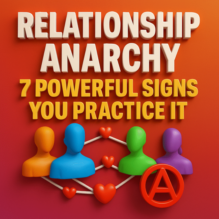 3D-rendered graphic featuring bold, extruded white text reading “RELATIONSHIP ANARCHY” above bright yellow-orange text that says “7 POWERFUL SIGNS YOU PRACTICE IT.” Below, four colorful human busts (orange, blue, green, and purple) are interconnected by raised white lines and red heart icons, forming a network. A red 3D anarchist “A” symbol appears in the lower right corner, all set against a smooth orange-to-magenta gradient backdrop.