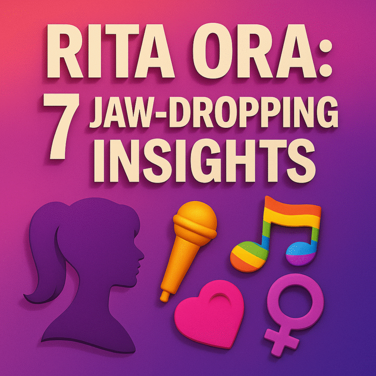 A square-format 3D-style graphic with a gradient background transitioning from warm pink at the top to deep purple at the bottom. Centered at the top is extruded cream-colored text reading “RITA ORA: 7 JAW-DROPPING INSIGHTS.” Below the title are five colorful 3D icons: a purple silhouette of a performer, a golden microphone, a rainbow-striped musical note, a pink heart, and a mauve Venus symbol. Each element casts soft drop shadows, giving the design pronounced depth.