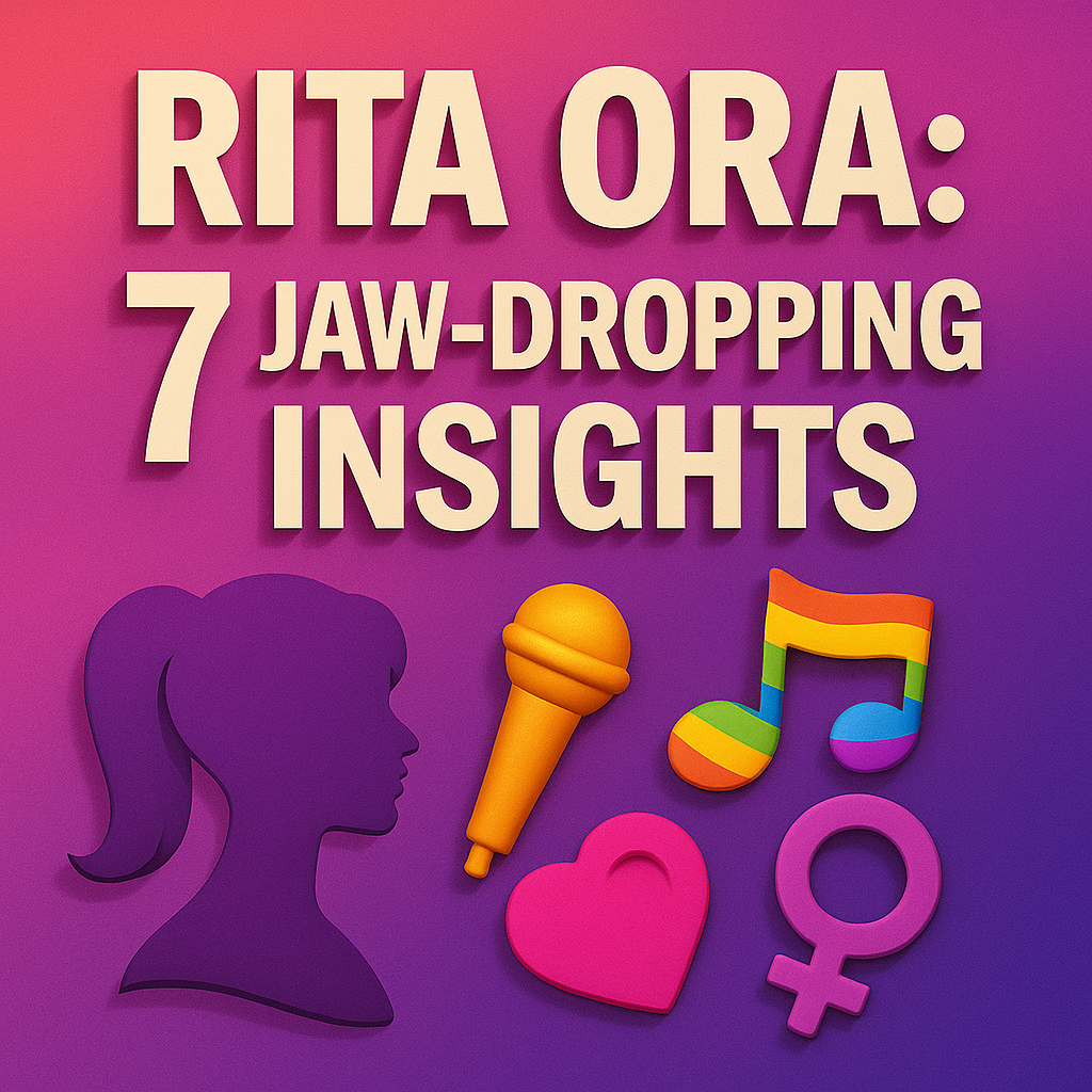 A square-format 3D-style graphic with a gradient background transitioning from warm pink at the top to deep purple at the bottom. Centered at the top is extruded cream-colored text reading “RITA ORA: 7 JAW-DROPPING INSIGHTS.” Below the title are five colorful 3D icons: a purple silhouette of a performer, a golden microphone, a rainbow-striped musical note, a pink heart, and a mauve Venus symbol. Each element casts soft drop shadows, giving the design pronounced depth.