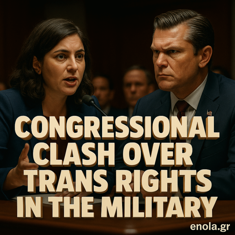 3D-rendered image of a congressional hearing highlighting a debate on trans rights in the military, with bold shadowed text reading “Sara Jacobs Pete Hegseth Anti-Trans Hypocrisy Exposed in Military Hearing” and “enola.gr” at the bottom.