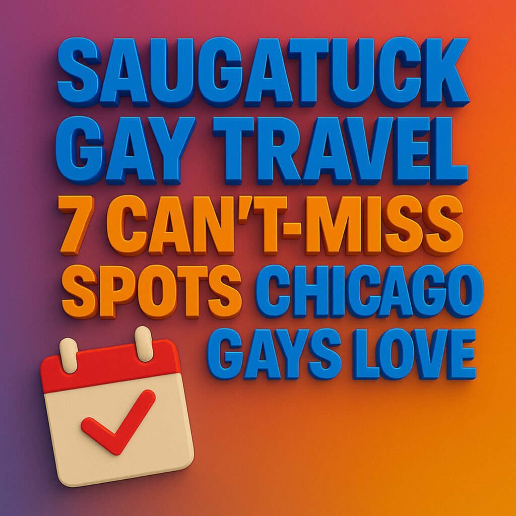 Vibrant 3D graphic reading ‘Saugatuck Gay Travel: 7 Can’t-Miss Spots Chicago Gays Love’ in bold blue and orange letters over a warm-to-cool gradient, with a calendar icon featuring a checkmark.