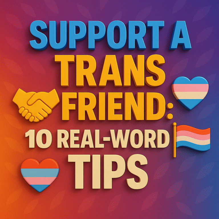 Square graphic with purple-to-orange gradient and subtle leaf shapes. Large 3-D blue text reads “SUPPORT A TRANS FRIEND: and cream text “10 REAL-WORLD TIPS.” Icons: golden handshake, two trans-flag hearts, and a waving trans-pride flag.