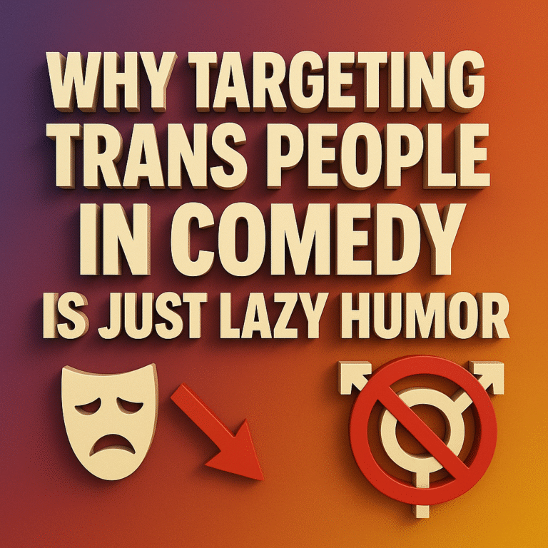 A square-format 3D graphic with a smooth gradient background fading from deep purple at top left to bright orange at bottom right, overlaid with subtle leaf silhouettes. Centered in extruded cream-colored 3D text is the title “Targeting Trans People Comedy: 7 Harsh Truths Exposed” Below, a beige frowning theatre mask with a red downward arrow appears on the left, and on the right, a beige trans symbol overlaid by a red prohibition sign.