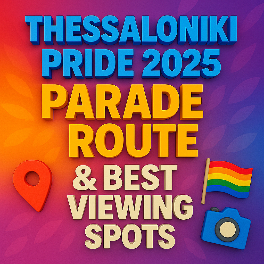 Thessaloniki Pride 2025 parade route graphic with bold 3-D rainbow text and icons of a map pin, rainbow flag and camera.