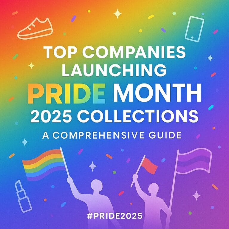 Rainbow-gradient graphic with bold white headline ‘Top Companies Launching Pride Month 2025 Collections,’ rainbow-flag silhouettes, confetti, and small icons of a sneaker, phone, and lipstick.